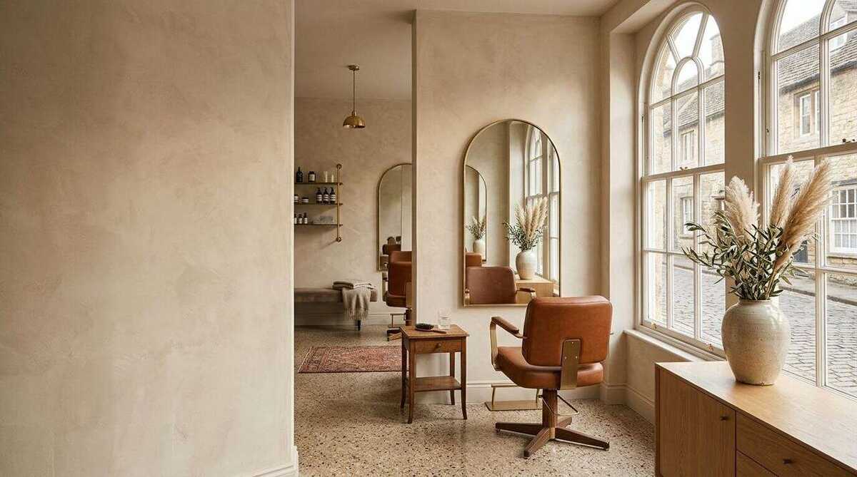 The Atelier Nine studio: tall arched windows, soft plaster walls and styling chairs