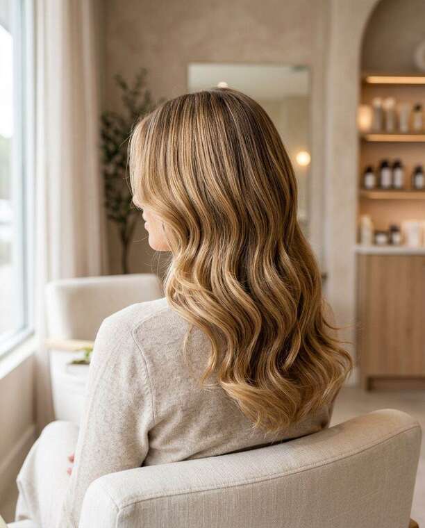 Glossy honey-blonde balayage, seen from behind