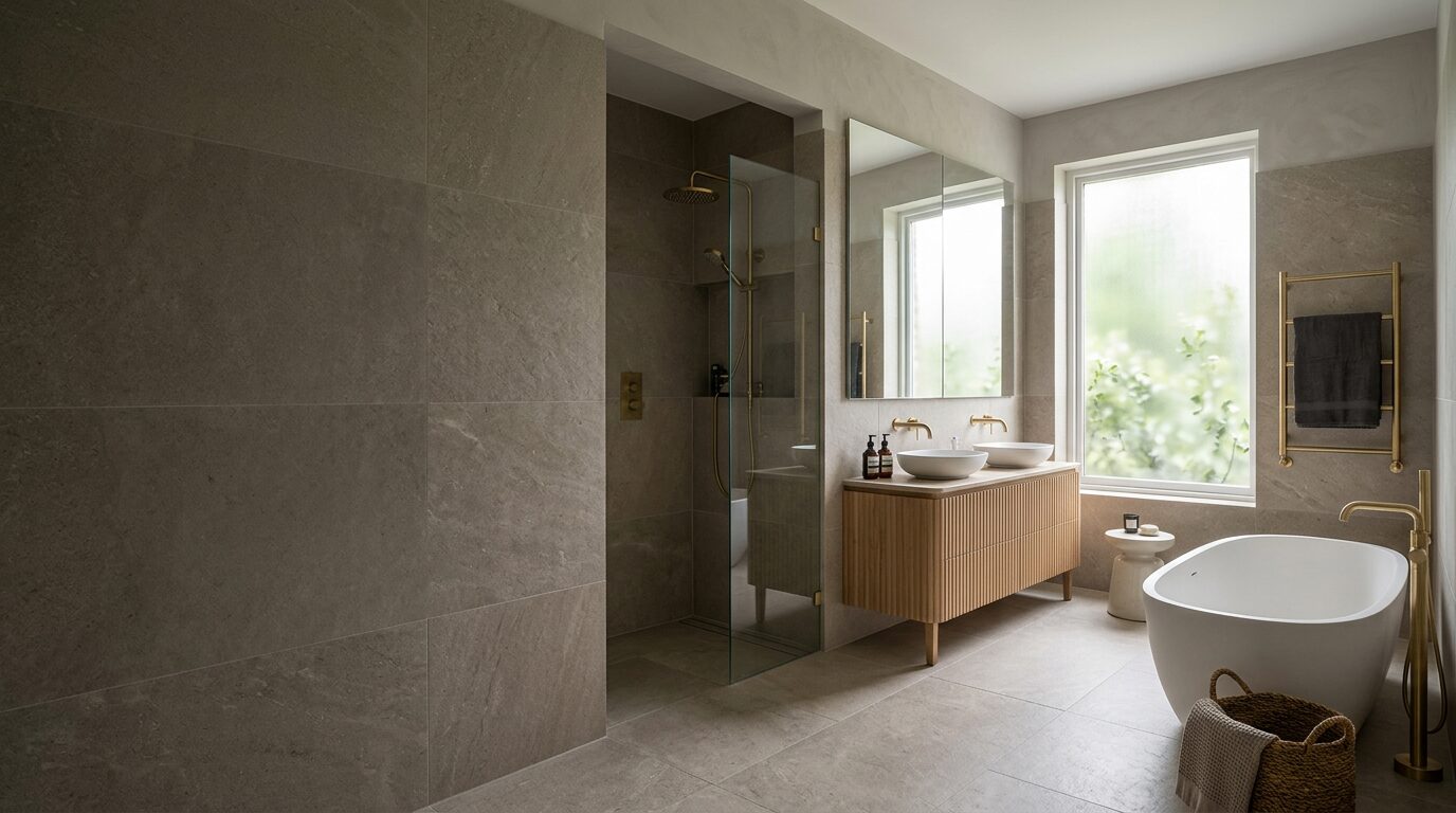 A finished luxury bathroom with a dark stone feature wall