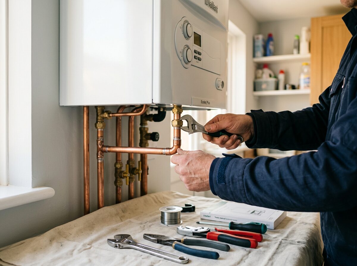 A Halden engineer fitting copper pipework to a new boiler