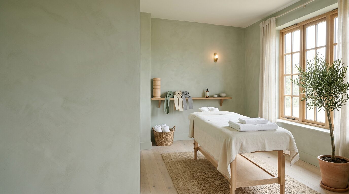 A calm, sage-green physiotherapy treatment room at Stillwell