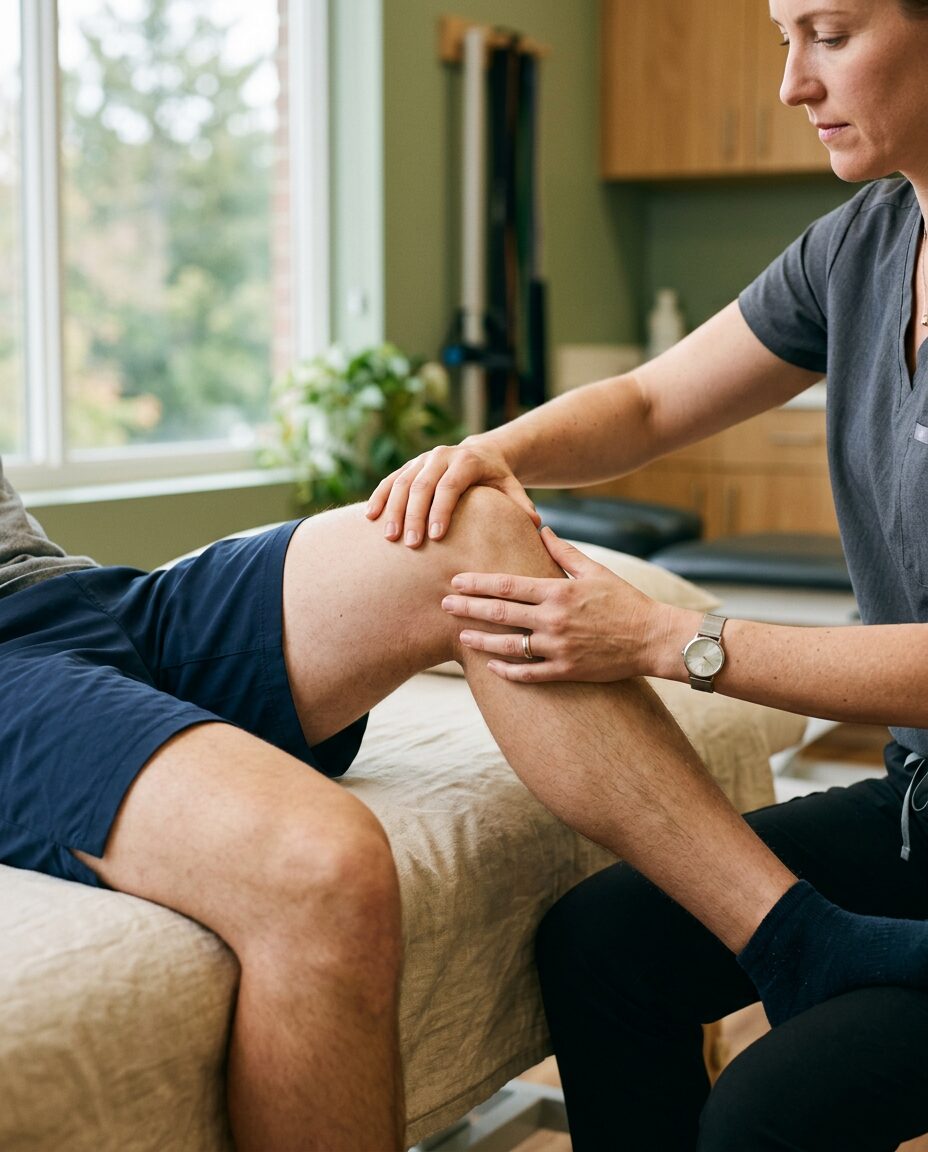 A Stillwell physiotherapist assessing a patient's knee